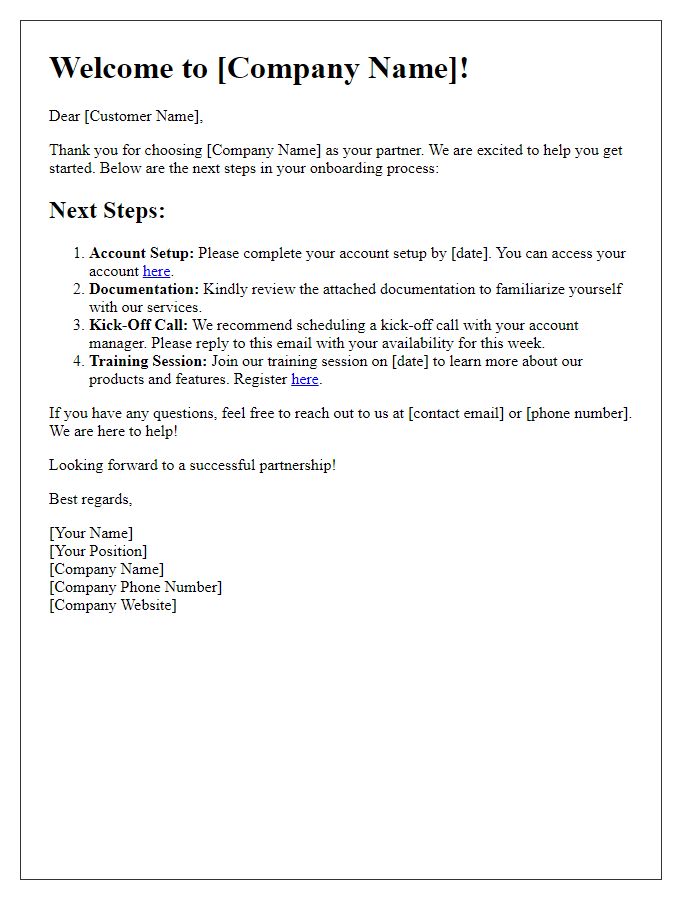 Letter template of next steps for new customer onboarding