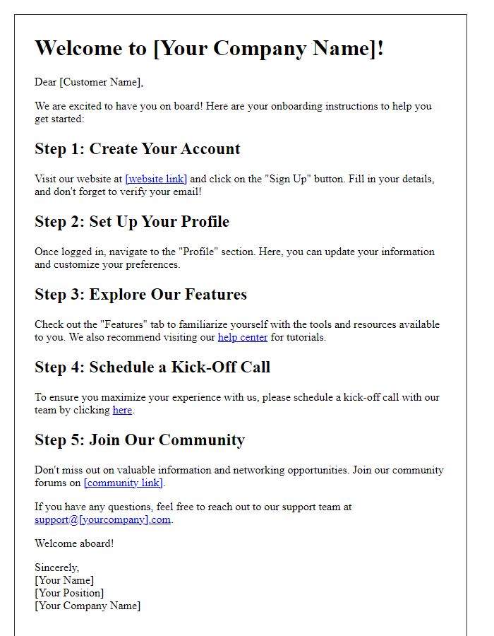 Letter template of onboarding instructions for new customers