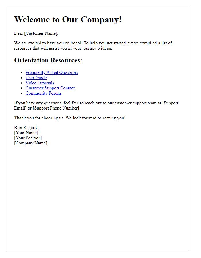 Letter template of resources for new customer orientation