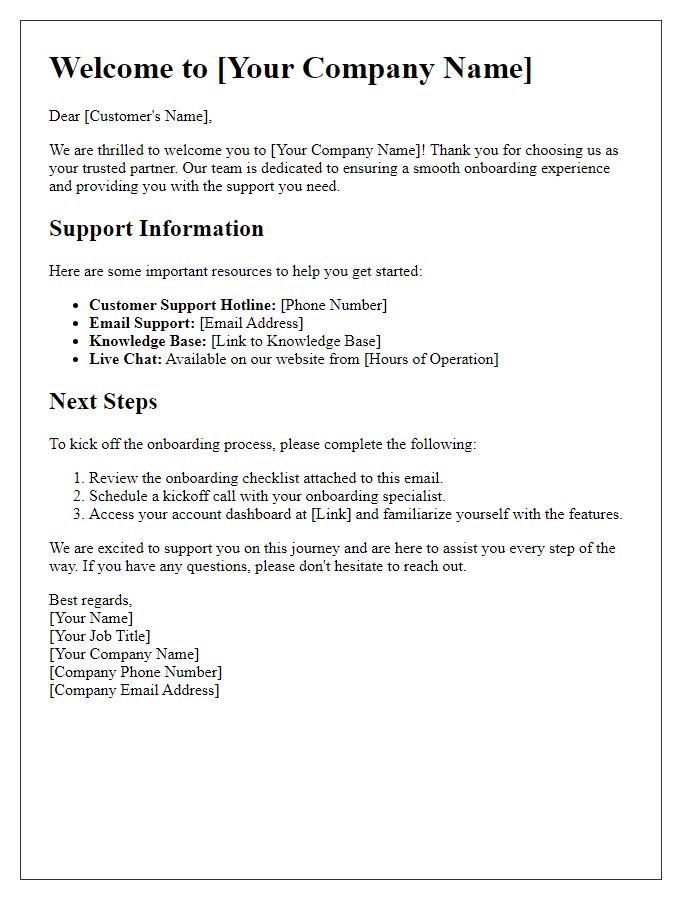 Letter template of support information for new customer onboarding