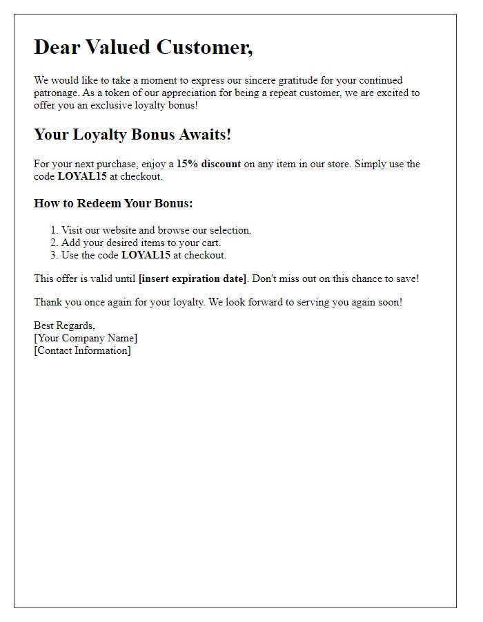 Letter template of loyalty bonus offer for repeat customers