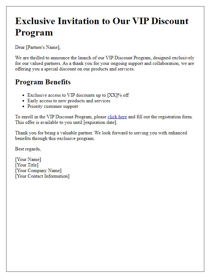 Letter template of VIP discount program for existing partners