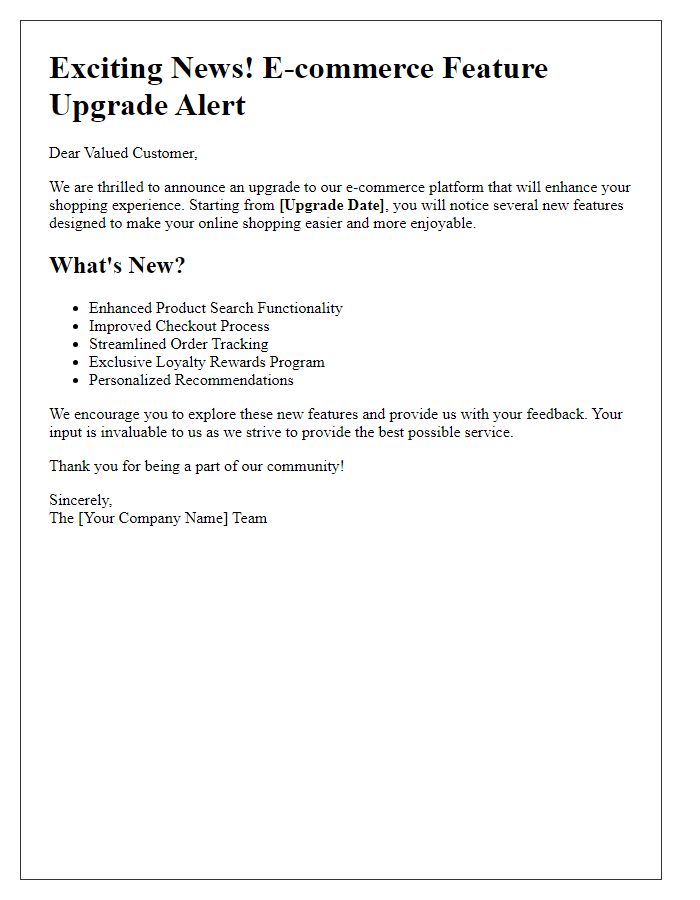 Letter template of e-commerce feature upgrade alert