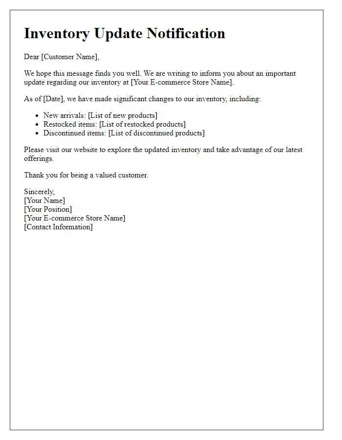 Letter template of e-commerce inventory update notification