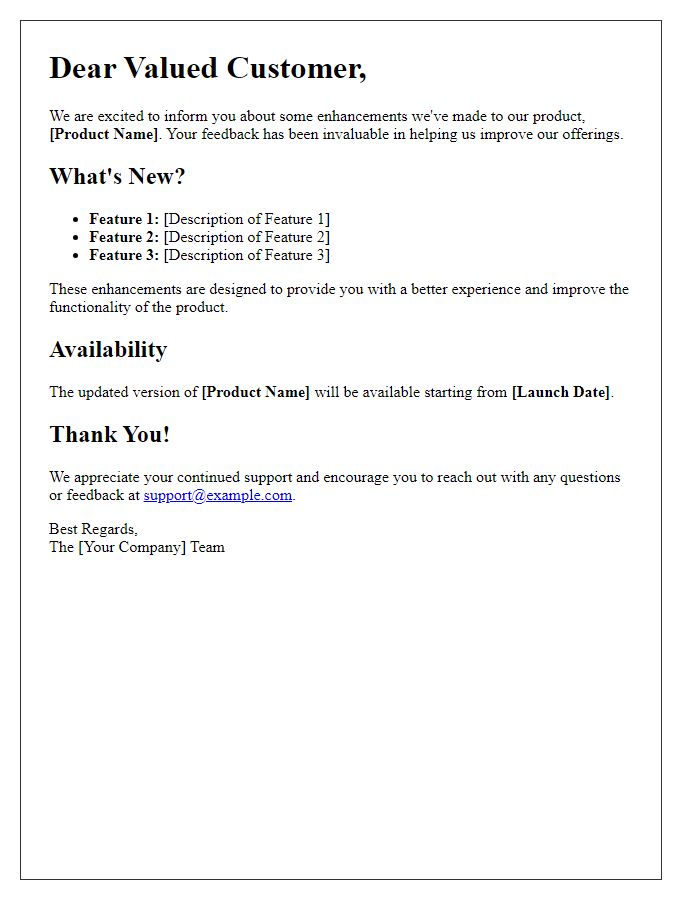 Letter template of e-commerce product enhancement notification