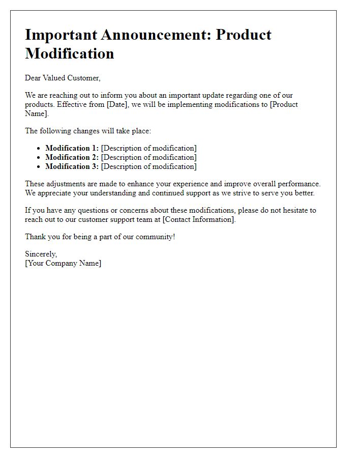 Letter template of e-commerce product modification announcement