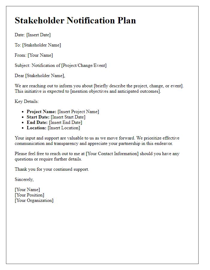 Letter template of stakeholder notification plan