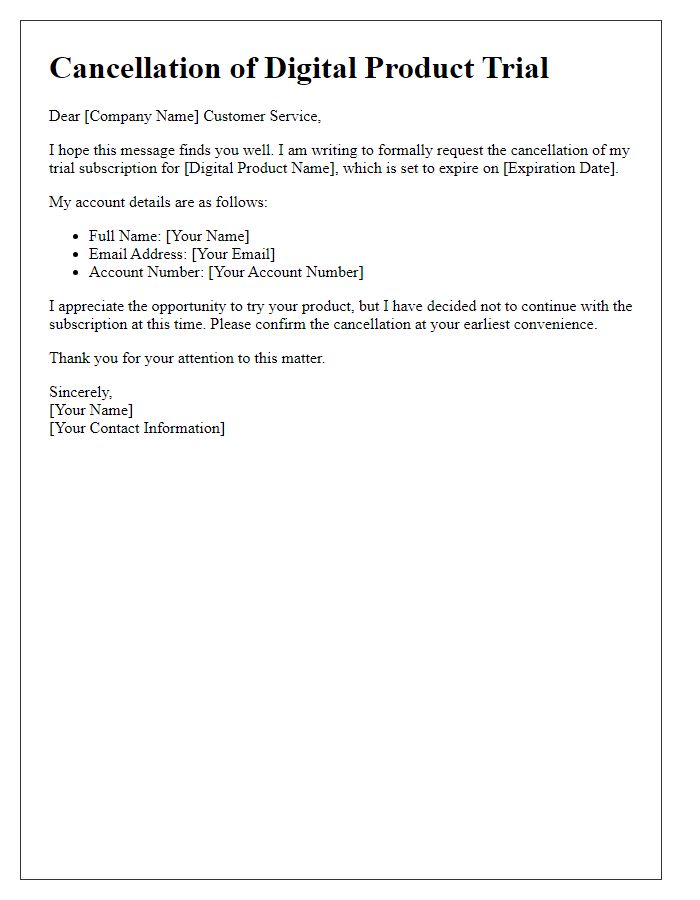 Letter template of cancellation for digital product trial