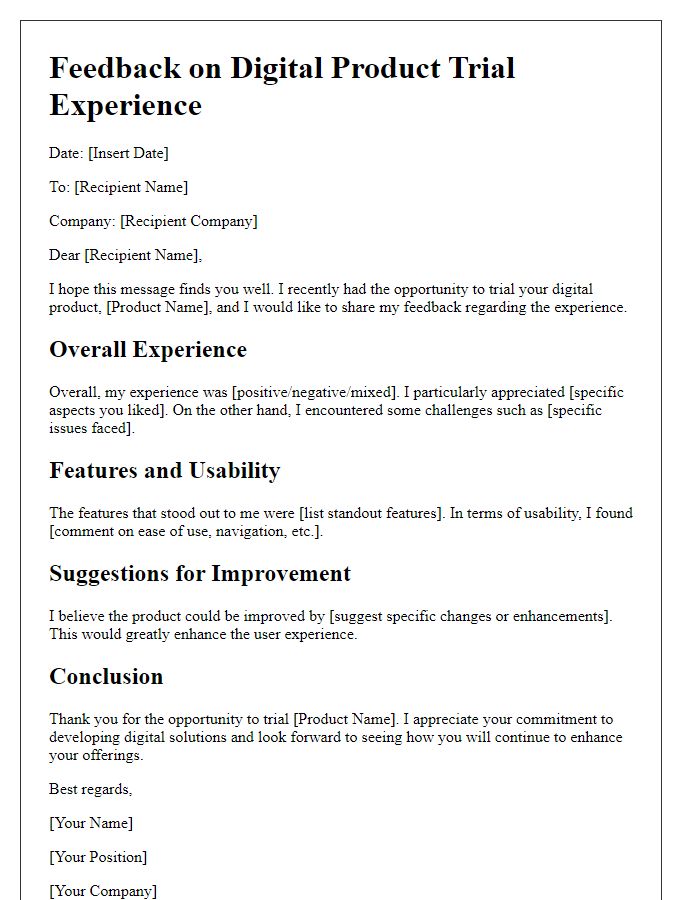 Letter template of feedback for digital product trial experience