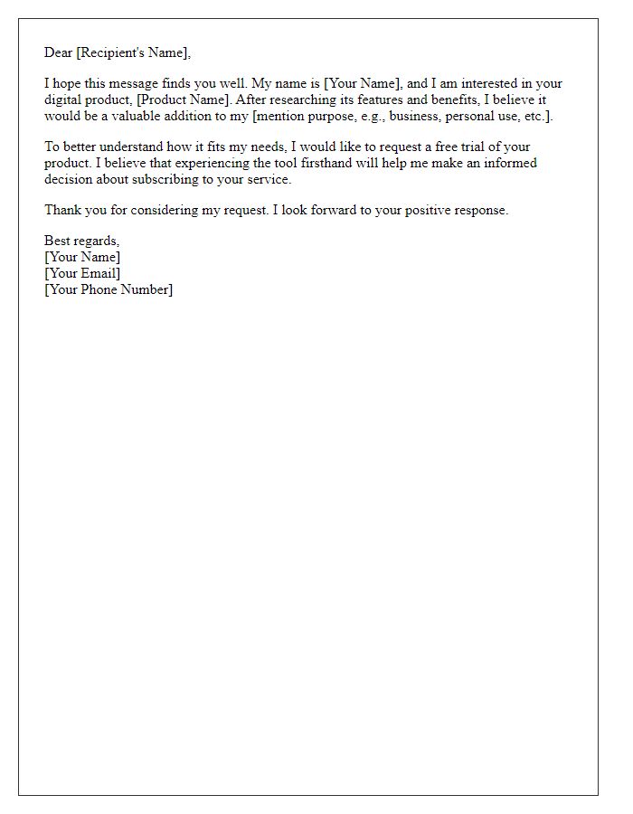 Letter template of free trial request for digital product subscription