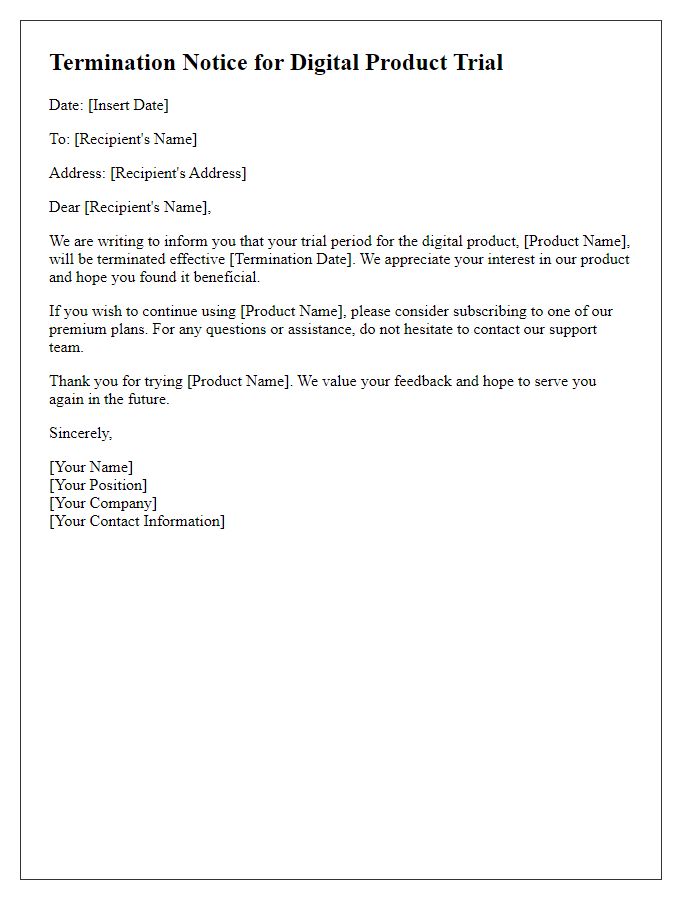 Letter template of termination notice for digital product trial