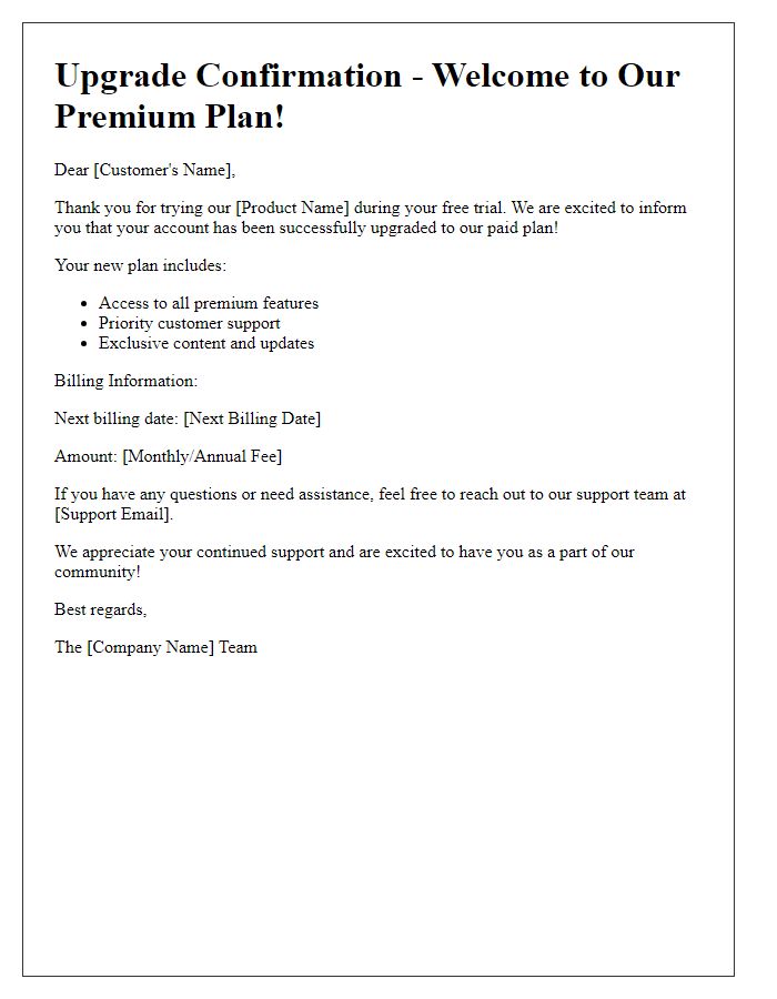 Letter template of upgrade from free trial to paid digital product