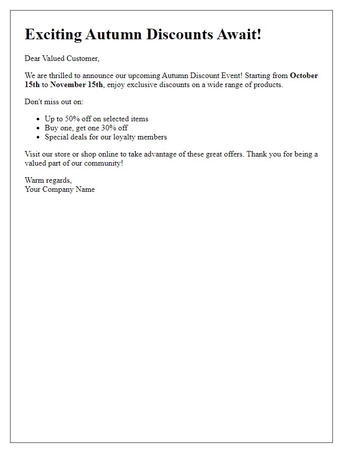 Letter template of autumn discount event notification