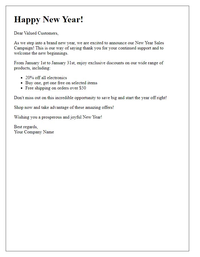 Letter template of new year sales campaign introduction