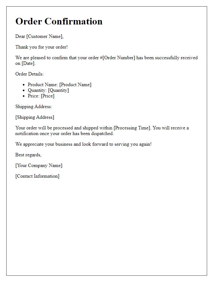 Letter template of Order Confirmation and Customer Appreciation