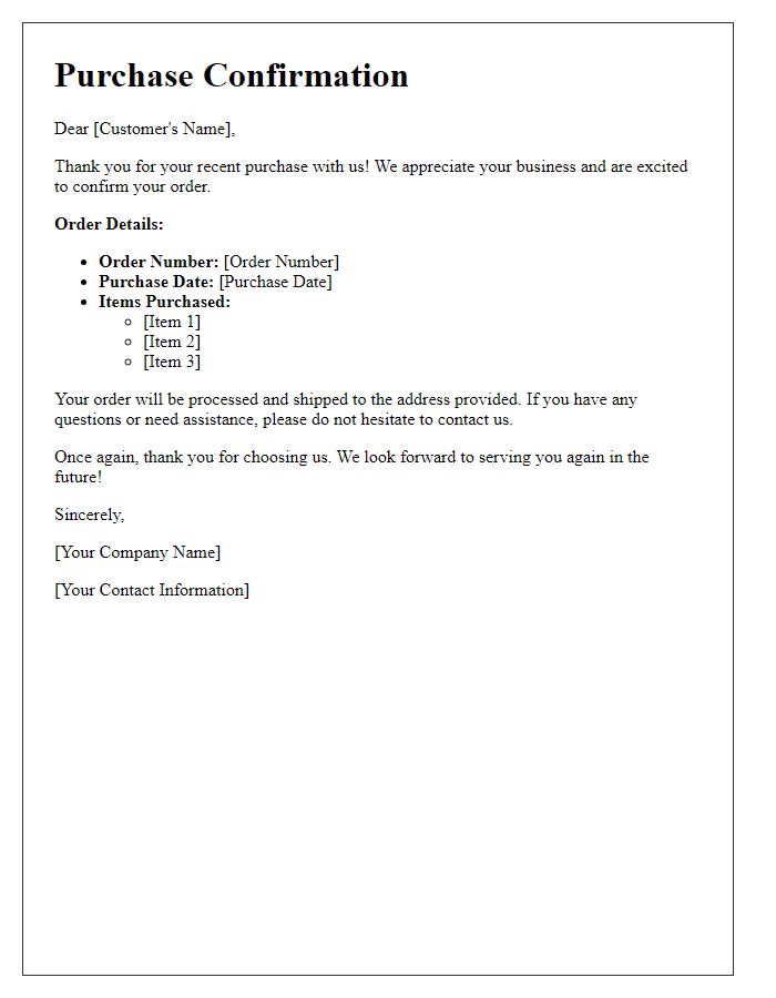 Letter template of Purchase Confirmation and Appreciation