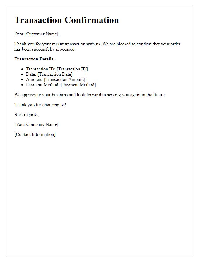 Letter template of Transaction Confirmation and Thank You Message
