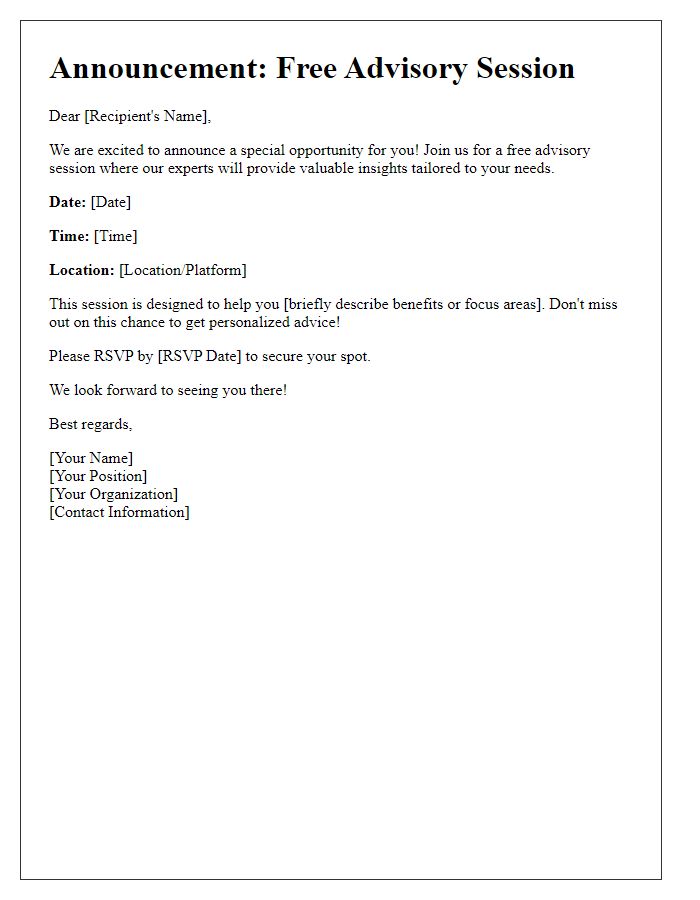 Letter template of free advisory session announcement