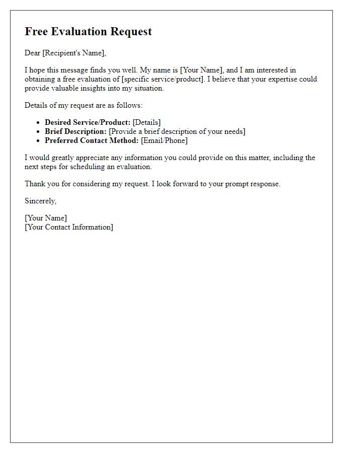 Letter template of free evaluation request