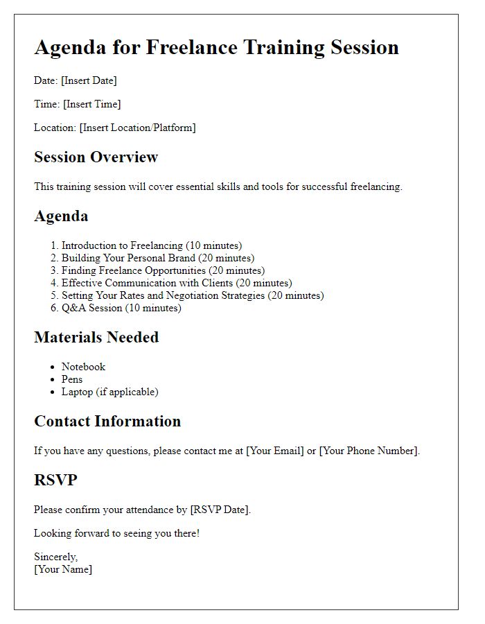 Letter template of agenda for freelance training session