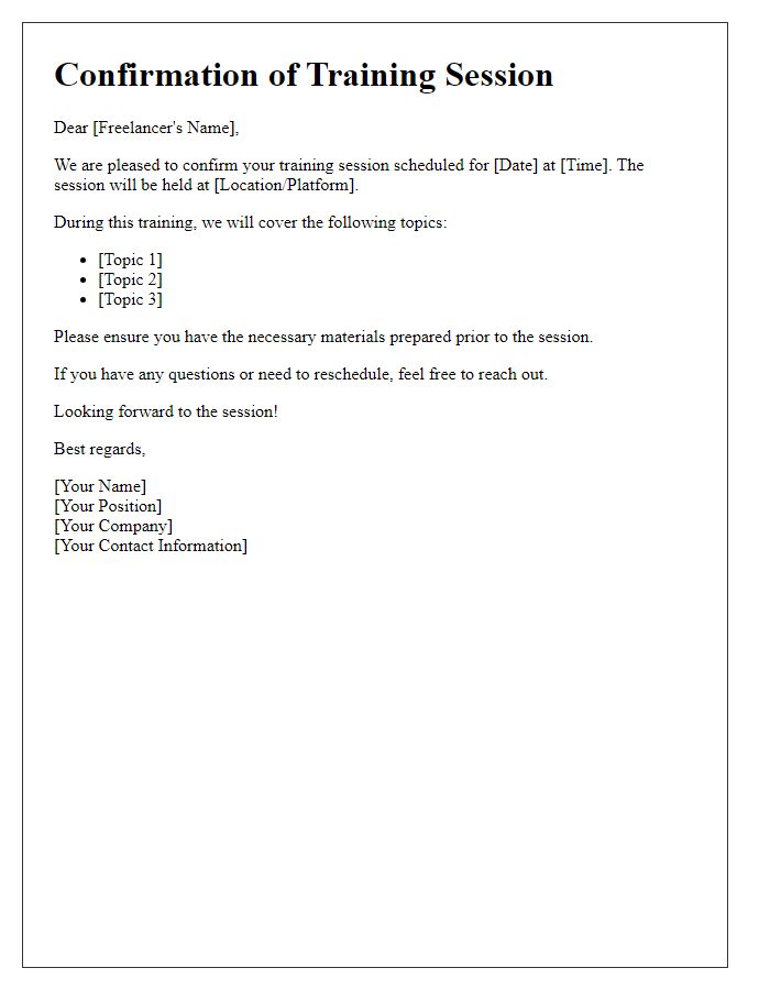 Letter template of confirmation for freelance training session