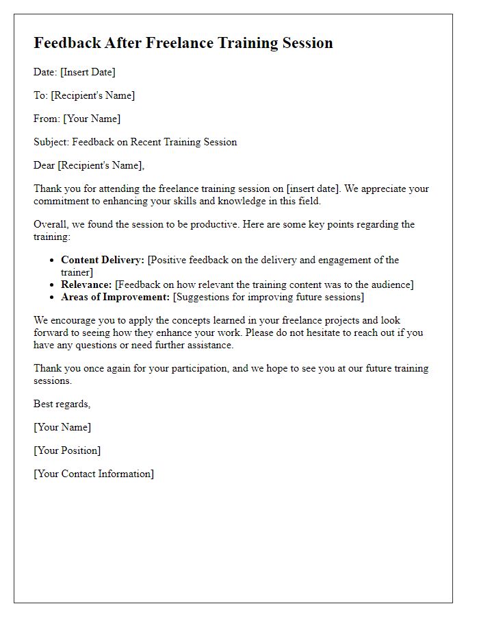 Letter template of feedback after freelance training session