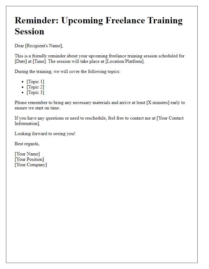 Letter template of reminder for upcoming freelance training session