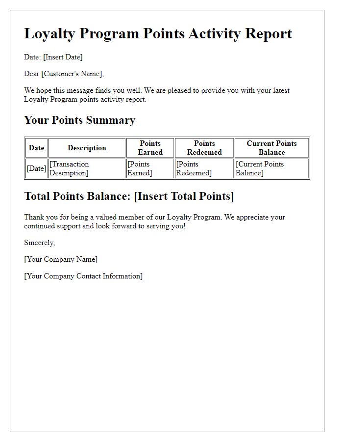 Letter template of loyalty program points activity report.