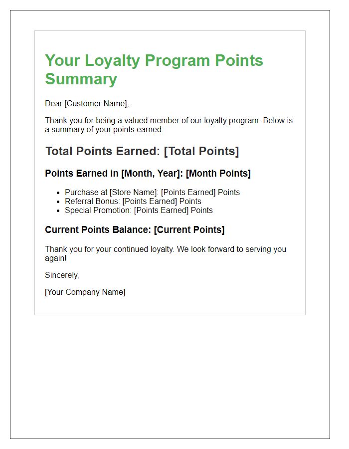 Letter template of loyalty program points earning summary.