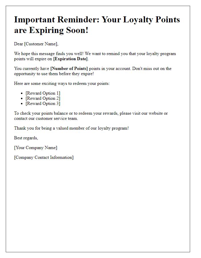 Letter template of loyalty program points expiration reminder.