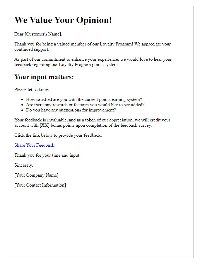 Letter template of loyalty program points feedback request.