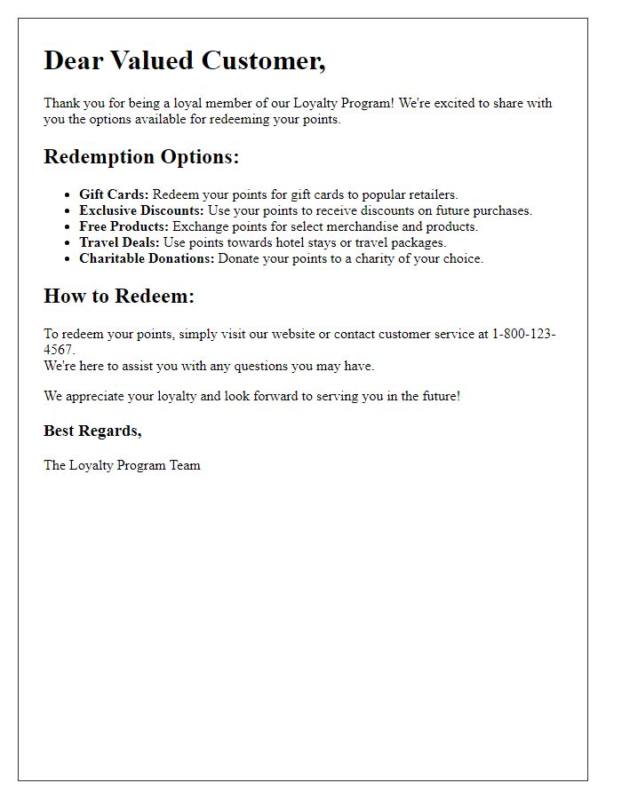 Letter template of loyalty program points redemption options.