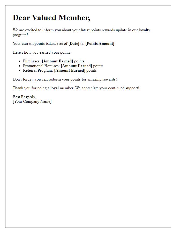 Letter template of loyalty program points rewards update.