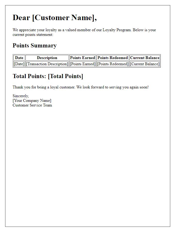 Letter template of loyalty program points statement.