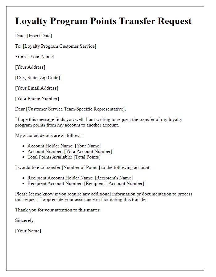 Letter template of loyalty program points transfer request.