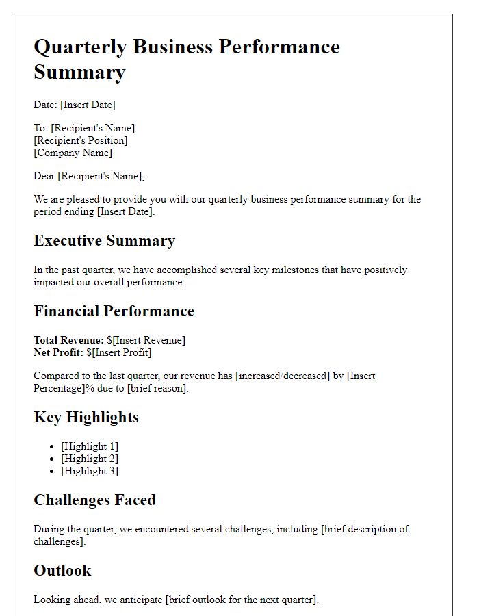 Letter template of quarterly business performance summary