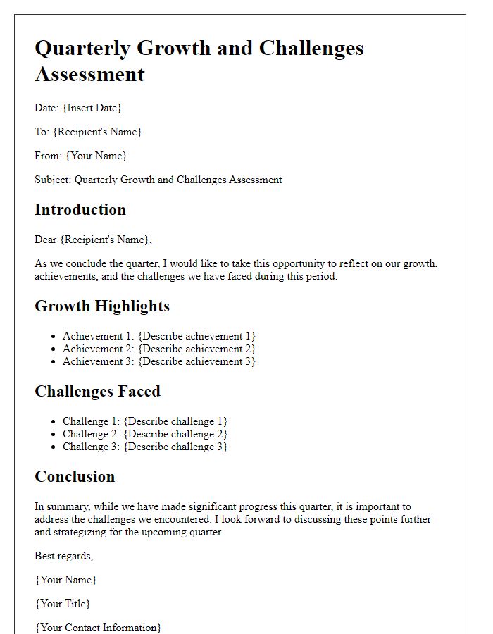 Letter template of quarterly growth and challenges assessment