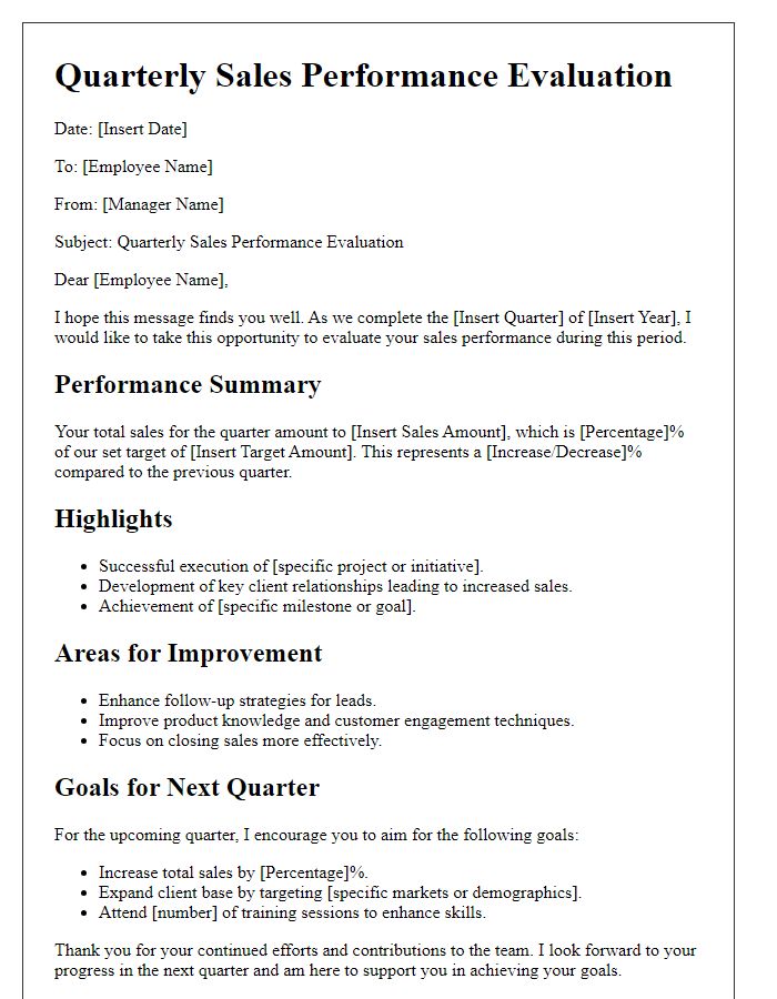 Letter template of quarterly sales performance evaluation