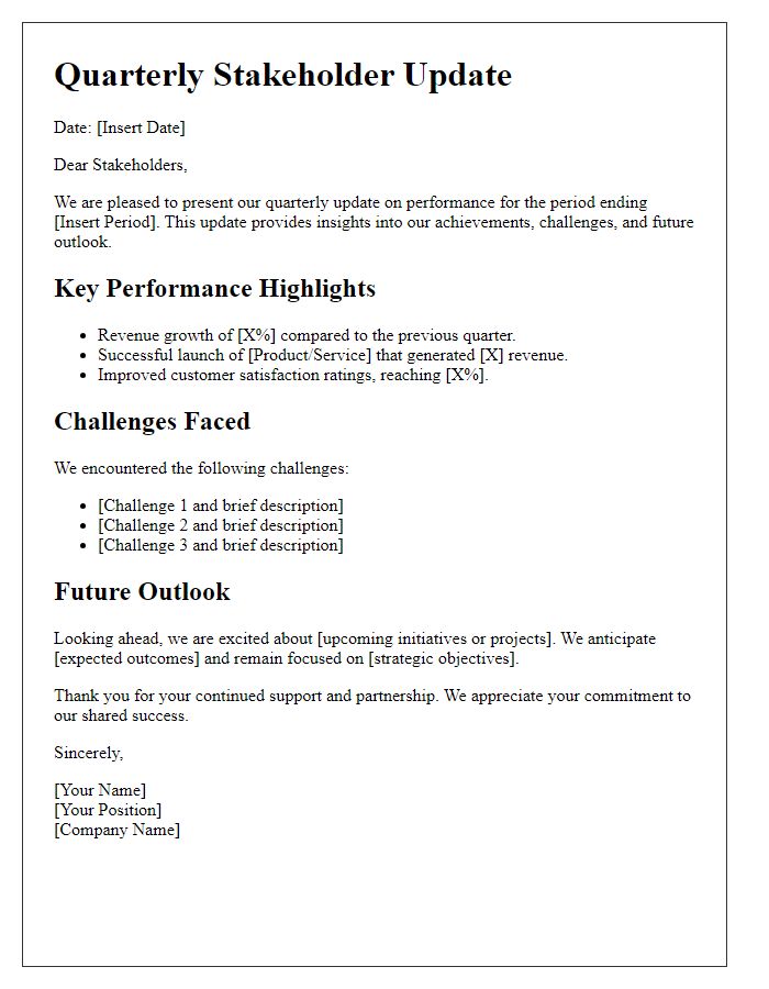 Letter template of quarterly stakeholder update on performance