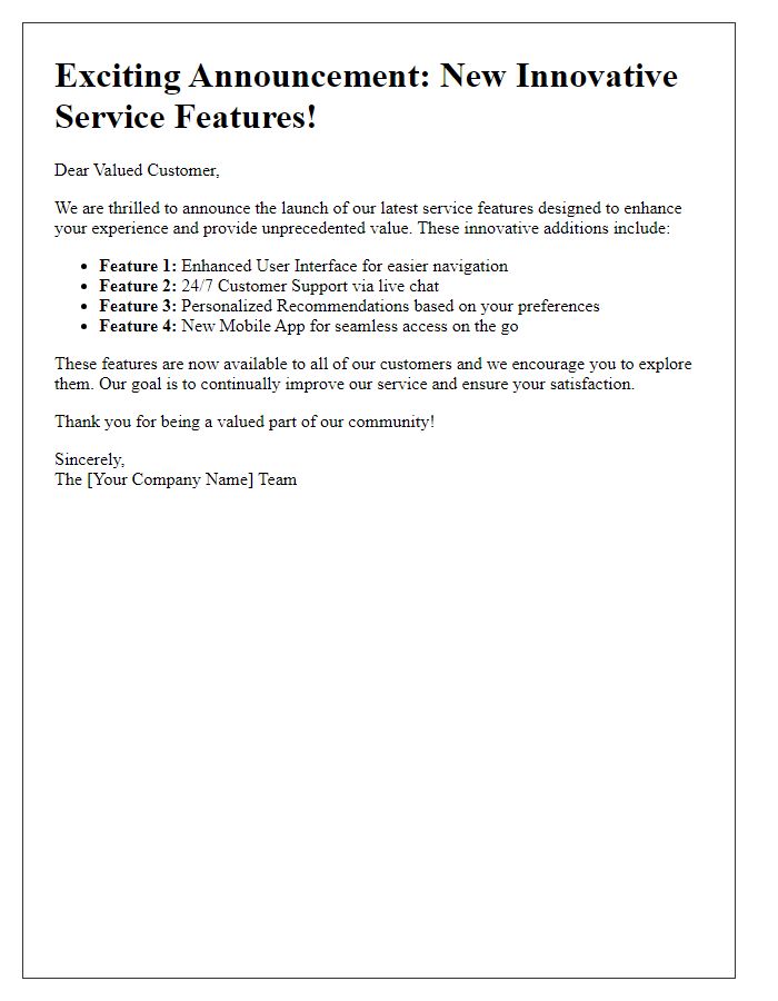 Letter template of innovative service features announcement