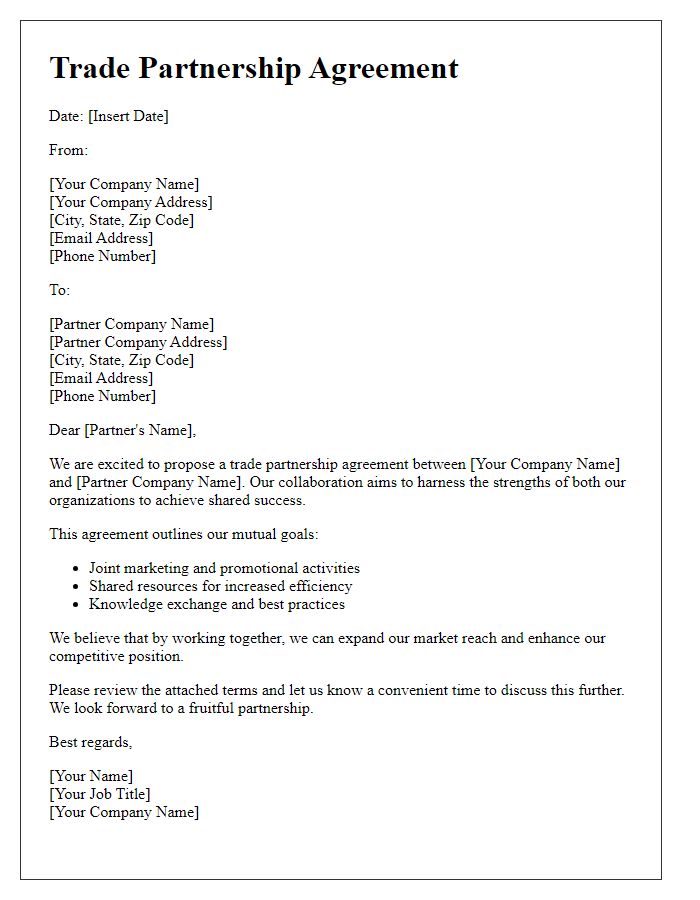 Letter template of trade partnership agreement for shared success.