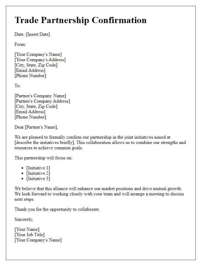 Letter template of trade partnership confirmation for joint initiatives.