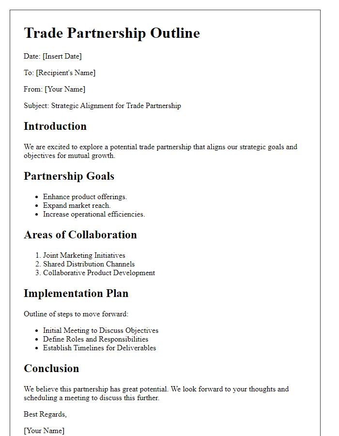 Letter template of trade partnership outline for strategic alignment.