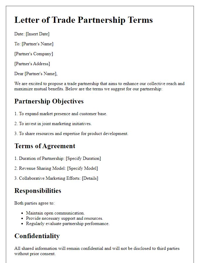 Letter template of trade partnership terms for expanded reach.