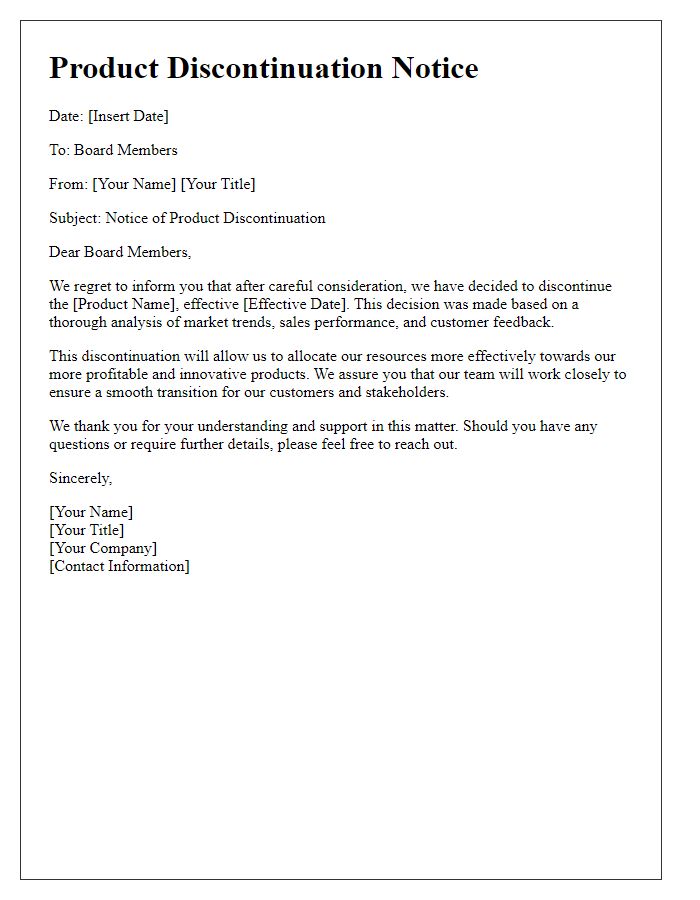 Letter template of product discontinuation alert for board members