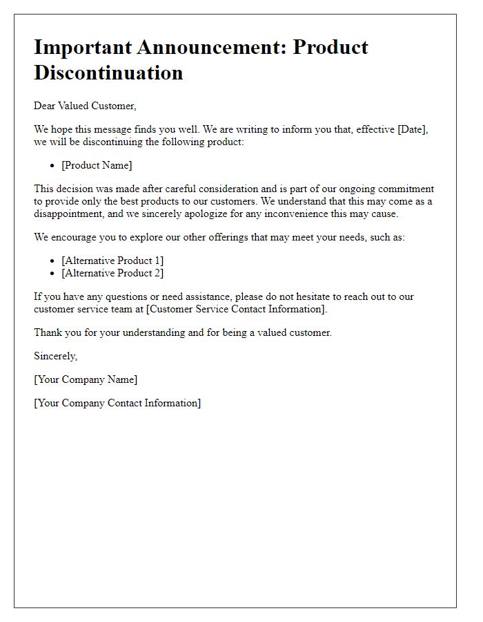 Letter template of product discontinuation announcement for customers