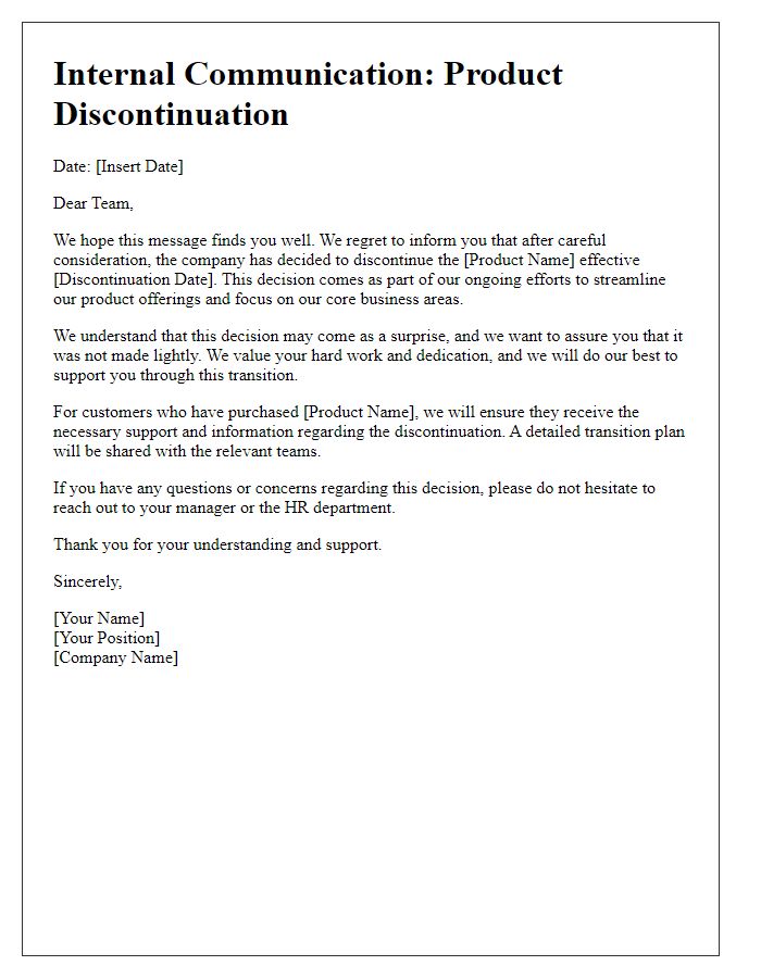 Letter template of product discontinuation communication for employees