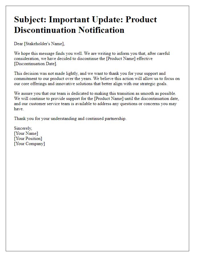 Letter template of product discontinuation email for stakeholders