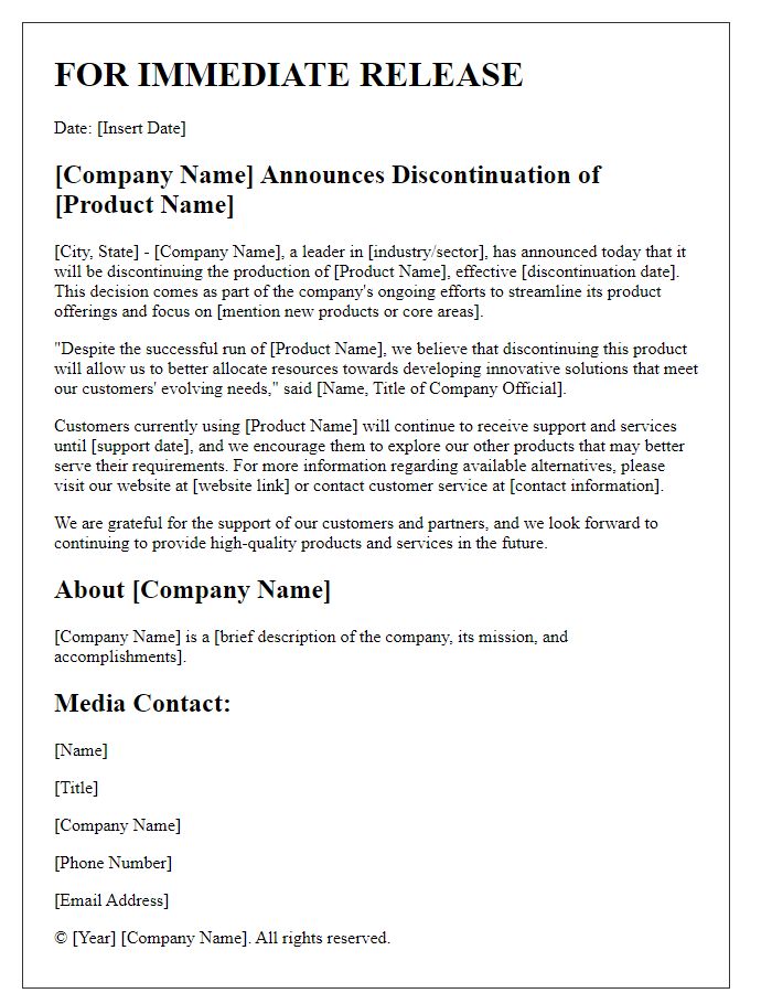 Letter template of product discontinuation news for press release