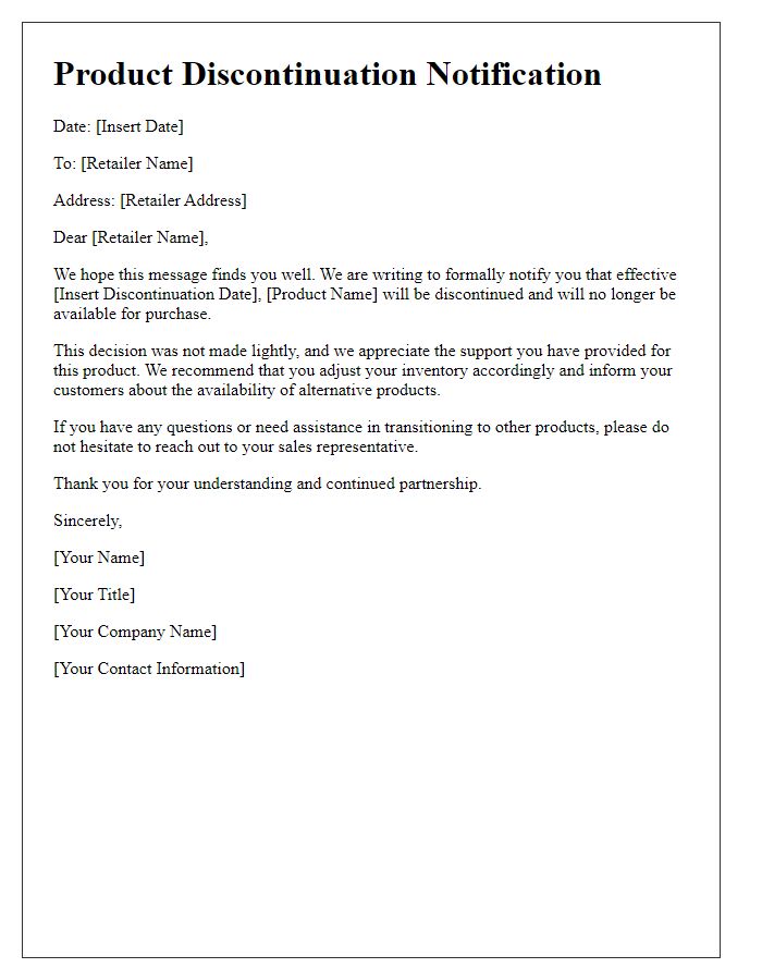 Letter template of product discontinuation notification for retailers